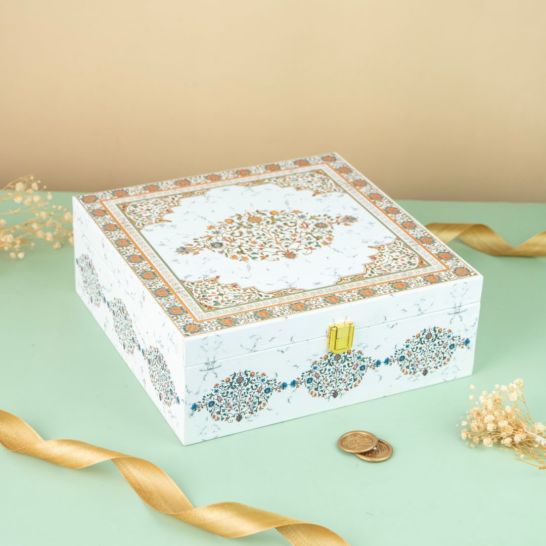 4 Jar White Marble Wooden Box
