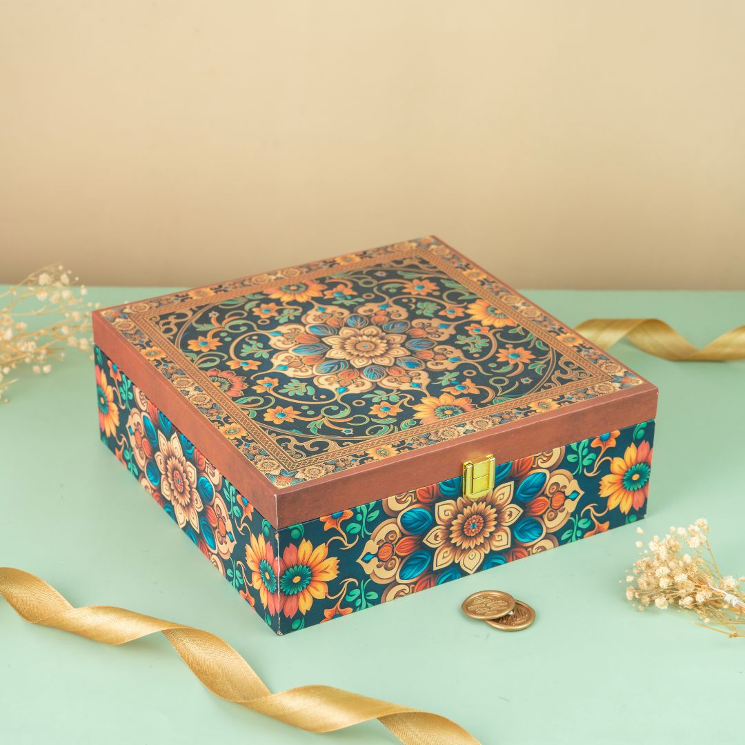 4 Jar Red Floral Foil Wooden Box